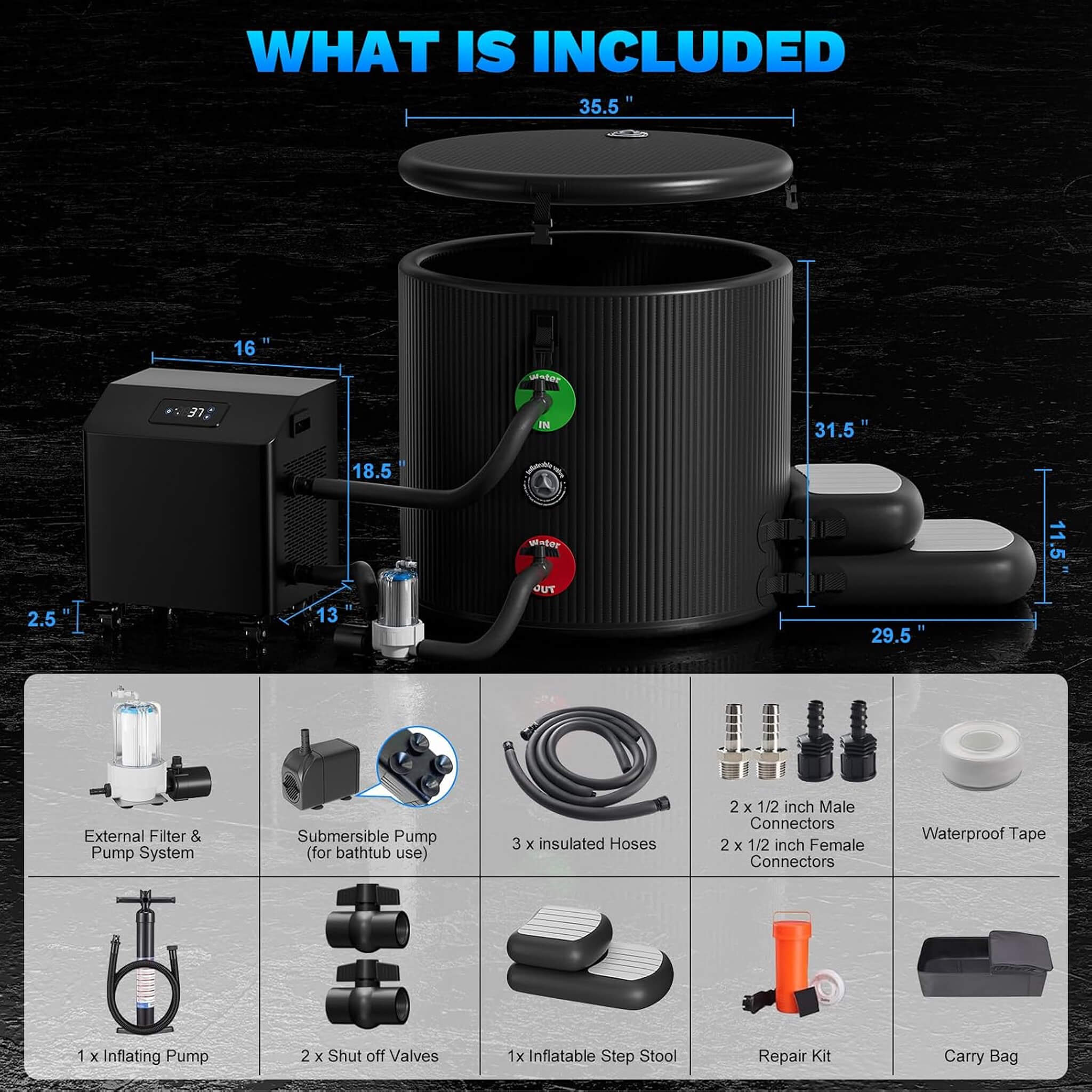 FCP Premium XL 120 Gal Cold Plunge Tub With 1HP Chiller, Filter, And Pump (SAK92632)